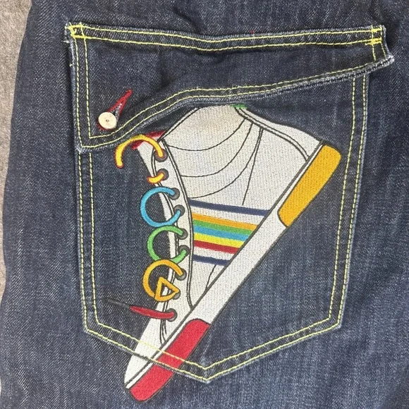 Vtg COOGI Jeans Mens sz 38x34 Embroidered Sneaker Shoes Rainbow Blue Denim Y2K - Picture 2 of 16